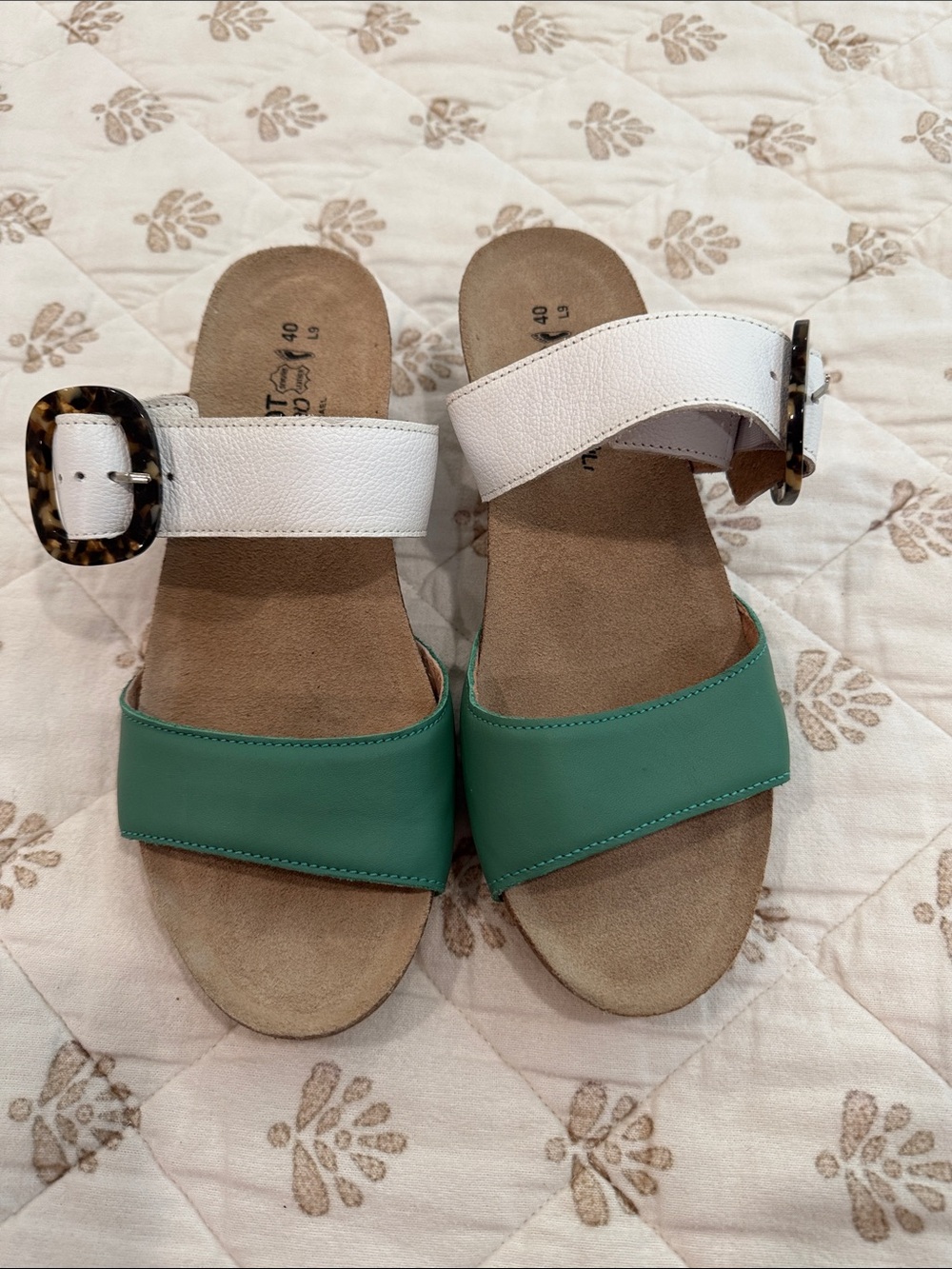 Naot Two‑Band Slide Sandals in White and Green with Tortoiseshell Buckles